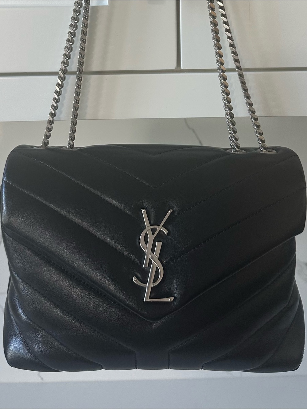 YSL Black Loulou Chevron Quilted Shoulder Bag with Silver Hardware